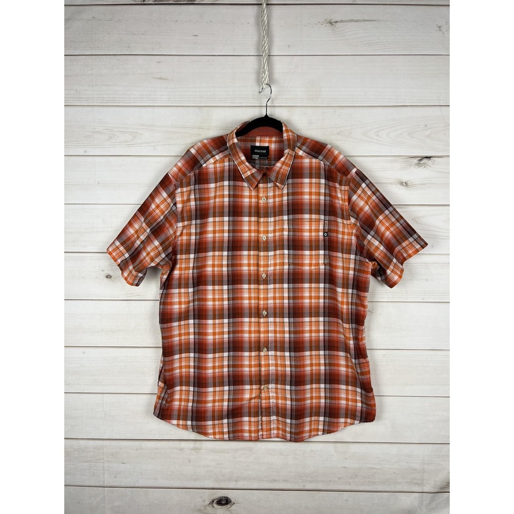 Marmot Shirt Mens 2XL Orange Plaid Short Sleeve Button Outdoor Hiking Gorpcore